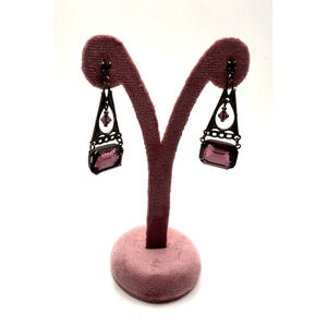 Vtg Victorian Style Earrings Brass Plated Purple Beveled Glass Amethyst Dangle